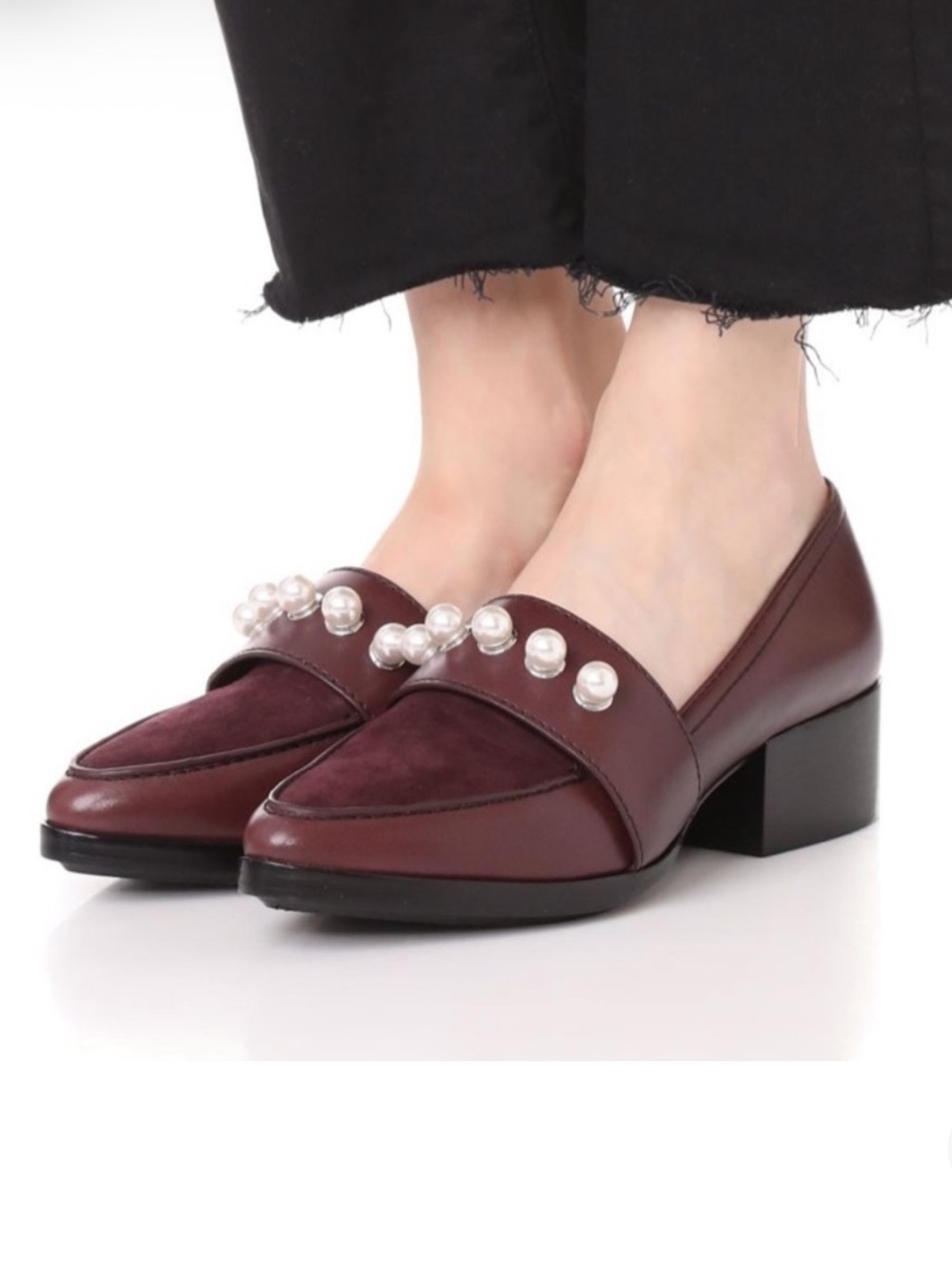 3.1 Phillip Lim Burgundy Quinn Pearl-Embellished Low Block Heel Loafers